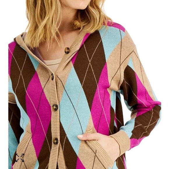 Charter Club Hooded Argyle Cardigan Sweater Tan Turquoise Pink Brown Size L - Picture 5 of 8